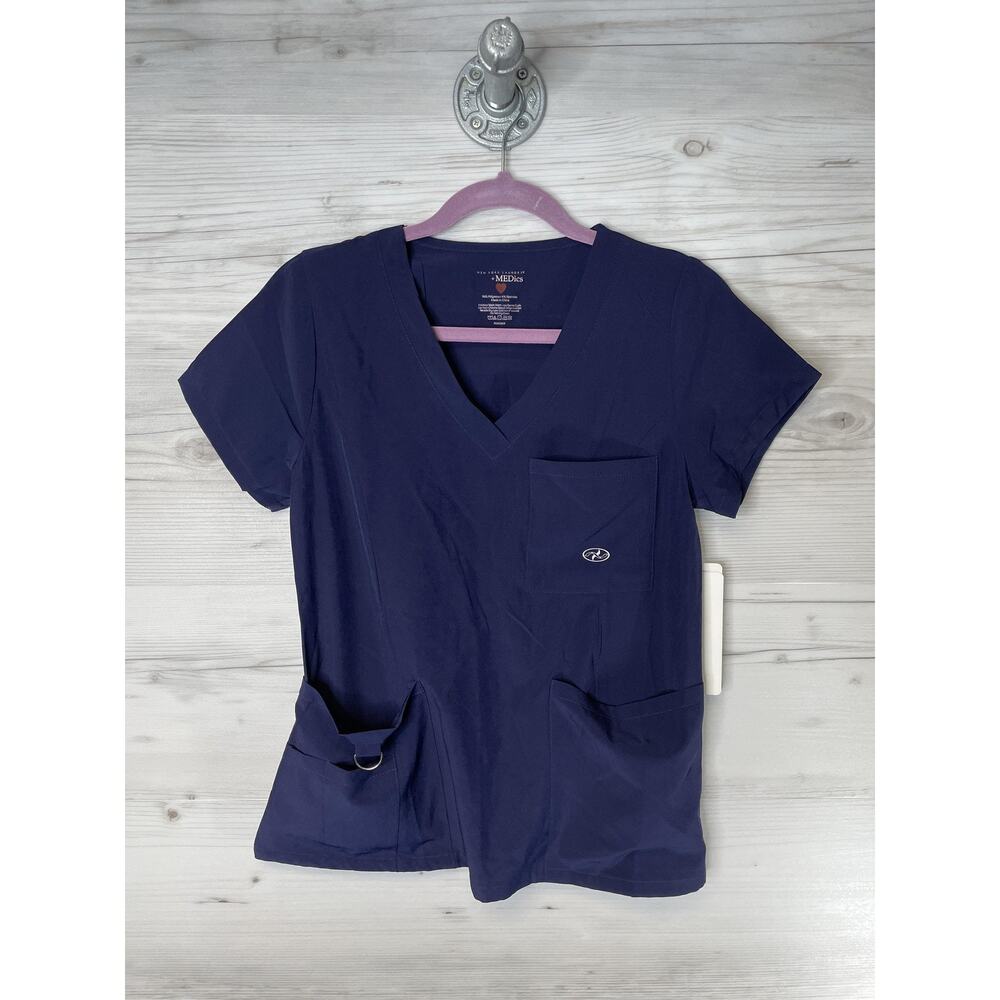 New York Laundry‎ MEDics Womens Small V-Neck Scrub Top Navy Blue Stretch Pockets